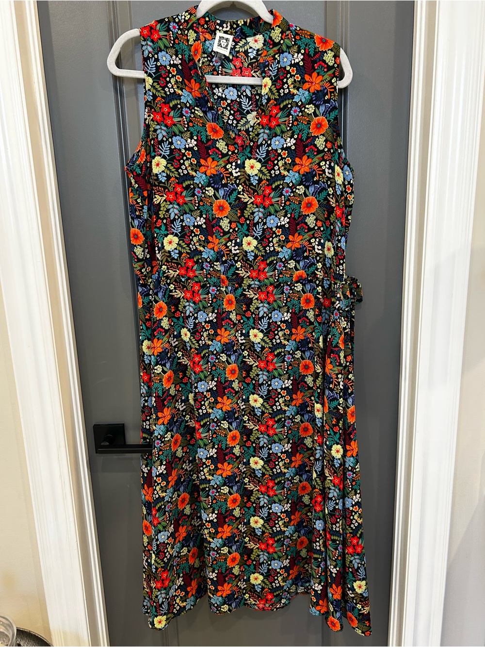 Anne Klein Floral Midi Dress in Black with Multicolor Blooms
